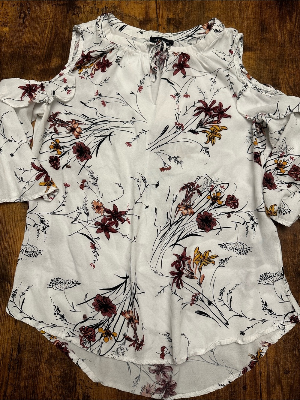 le chateau White Cold-Shoulder Floral Blouse with Burgundy & Mustard Accents